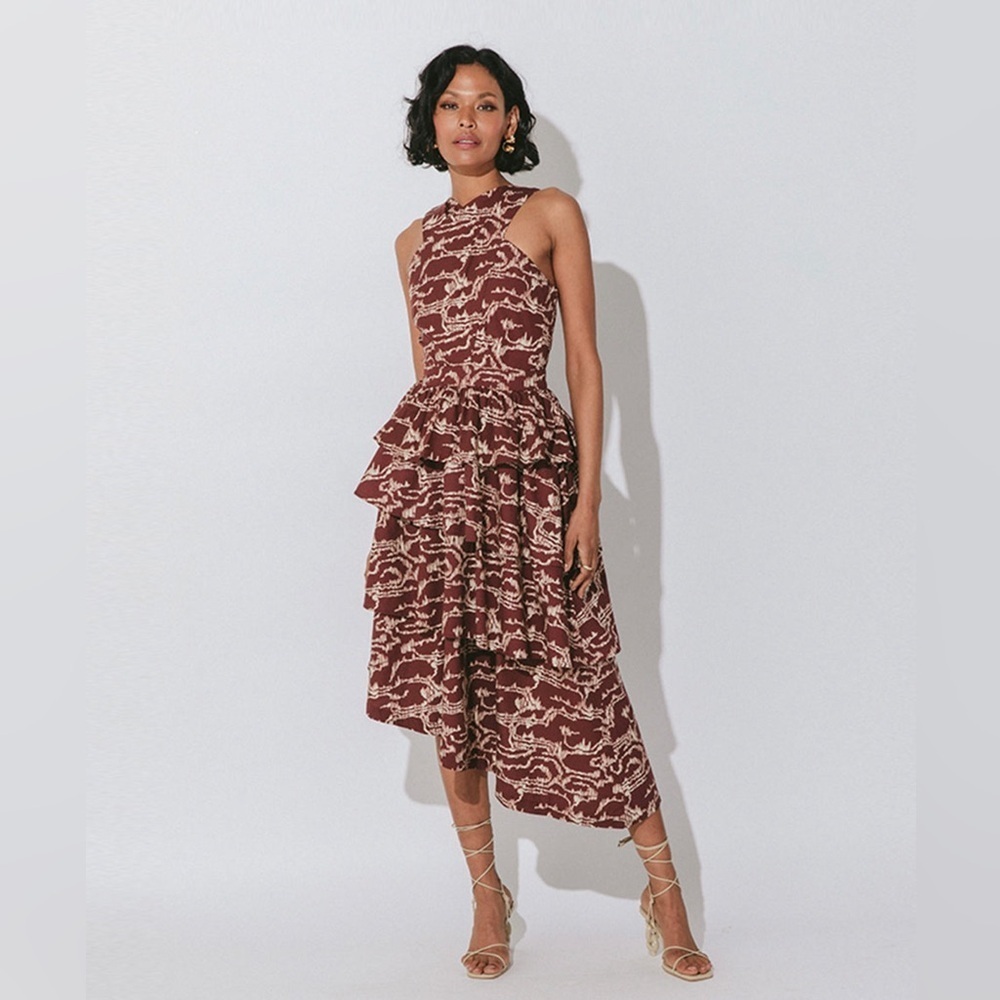 CLEOBELLA- Carson MIDI Dress in brown and white. Size Medium. NWT